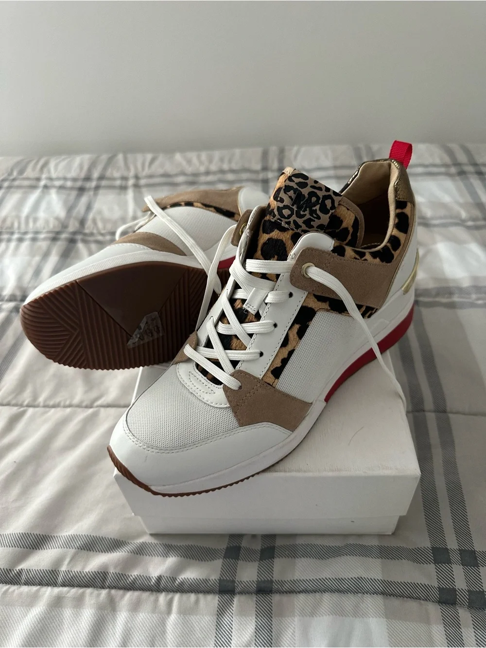 Michael Kors White Tan Leopard Accent Sneakers with Red Pull Tab